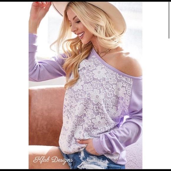 New! Sale 🔥 Feminine Soft Lavender French Terry Lace Front Top - Picture 3 of 8
